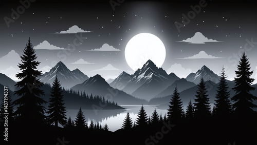 Majestic Monochrome Mountain Landscape at Night Full Moon over Serene Lake and Forest