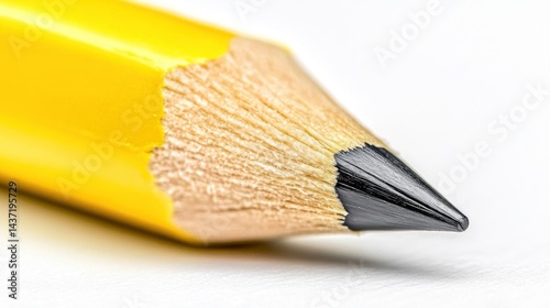 Close-up of a sharpened pencil.  The wood is light tan and the graphite lead is dark gray.  The yellow colored casing is visible