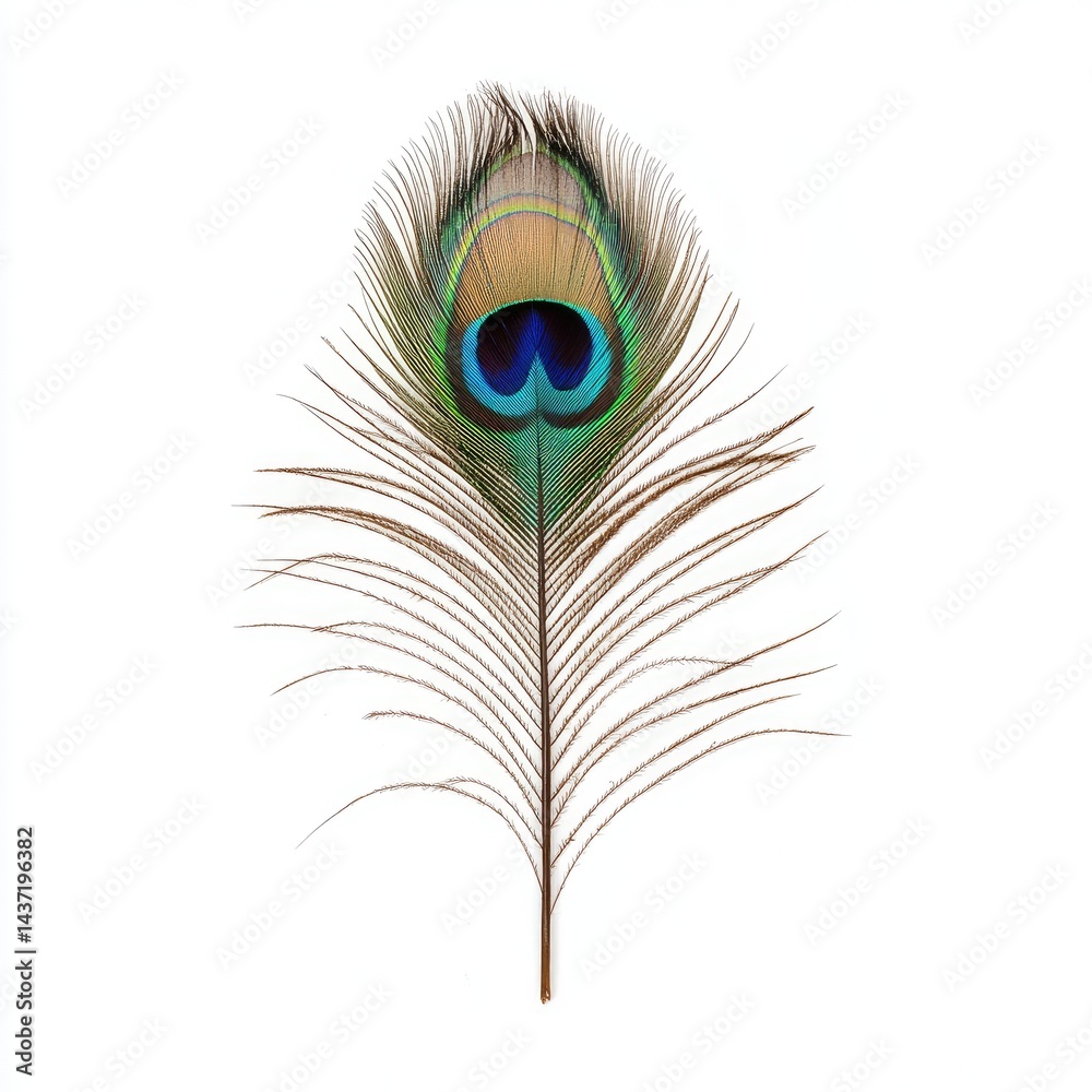 Fototapeta premium A vibrant peacock feather with a striking blue-green eye pattern, beautifully isolated on a white background