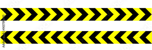 Warning tape with yellow and black diagonal with barricade and arrow stripes in graphic vector illustration on white background, Caution tape border and safety stripe warning