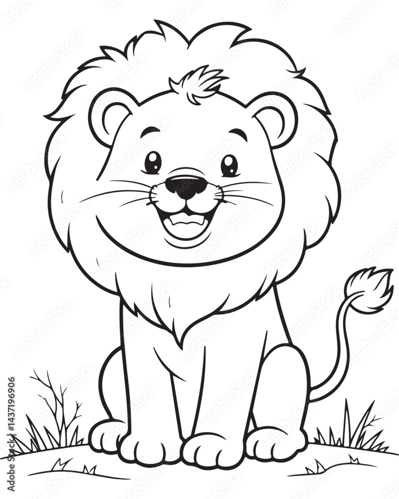 Cute cartoon lion sitting with a friendly smile and a fluffy mane. Black and white line art illustration for children's coloring book. Happy lion cub. Cute cartoon lion sitting with a friendly smile and a fluffy mane. Black and white line art illustration for children's coloring book. Happy lion cub.