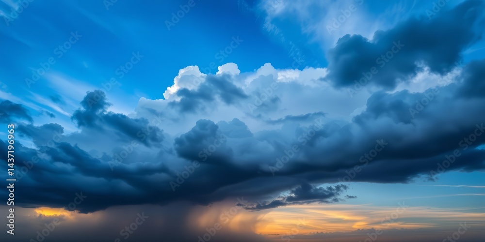 Obraz premium Dark storm clouds streak across vibrant blue sky, long exposure effect, blue sky, cloudscape