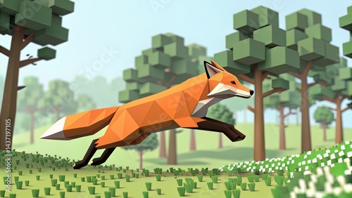 A digital fox rendered in low-poly art style, leaping across a pixelated forest.