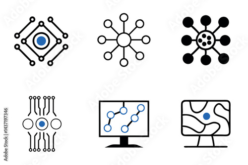 Creative blue digital wave and particle field forming a cosmic network, symbolizing data flow and technological advancements tech line art icon set