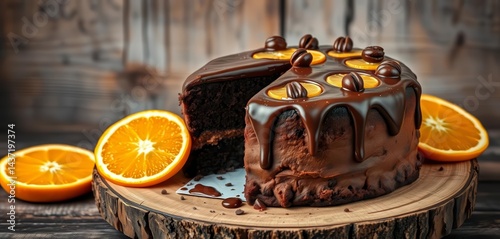 Decadent chocolate cake, orange slices, ganache, rustic wood,  high angle,  cakephotography photo