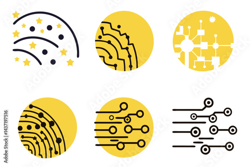 Abstract digital wave with blue glowing particles and cosmic energy field, representing futuristic technology and innovation tech line art icon set