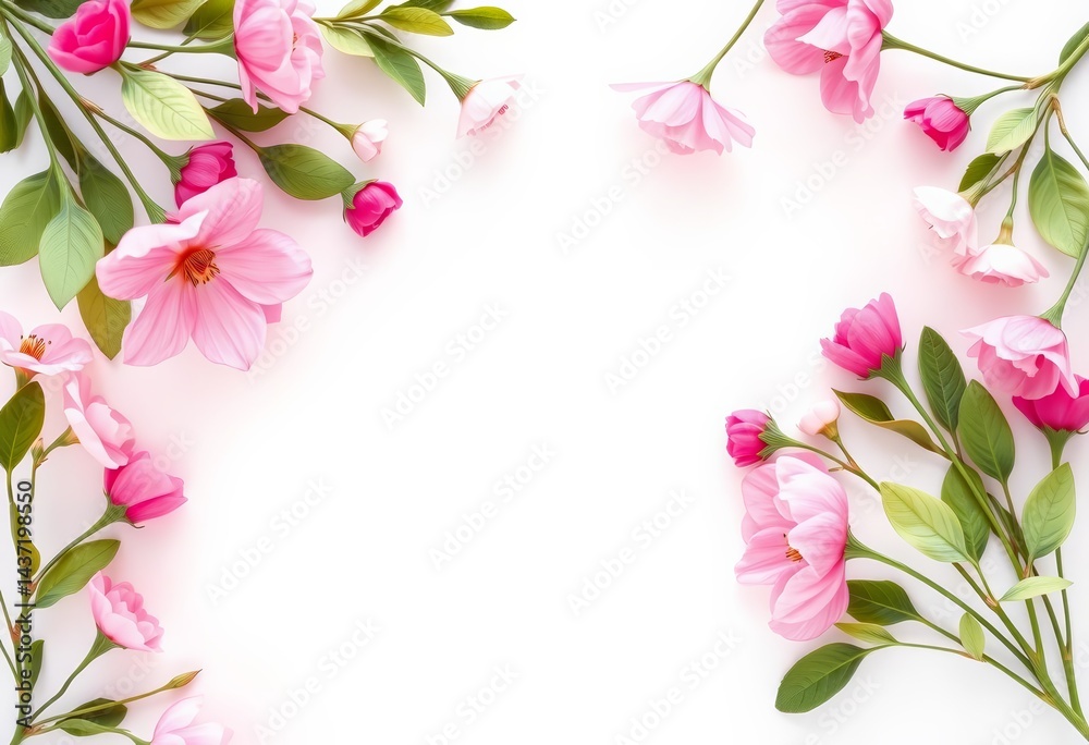 Fototapeta premium Delicate pink floral corner border frame on white background Ideal for invitations, cards, or website design, blossom, texture