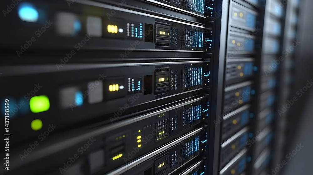 Close-up of Modern Server Racks in Data Center with Status Lights Close-up of Modern Server Racks in Data Center with Status Lights