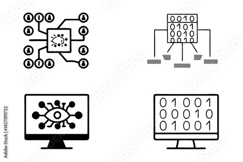 Digital binary code matrix visualization with blue data connections, abstract circuit concept tech line art icon set
