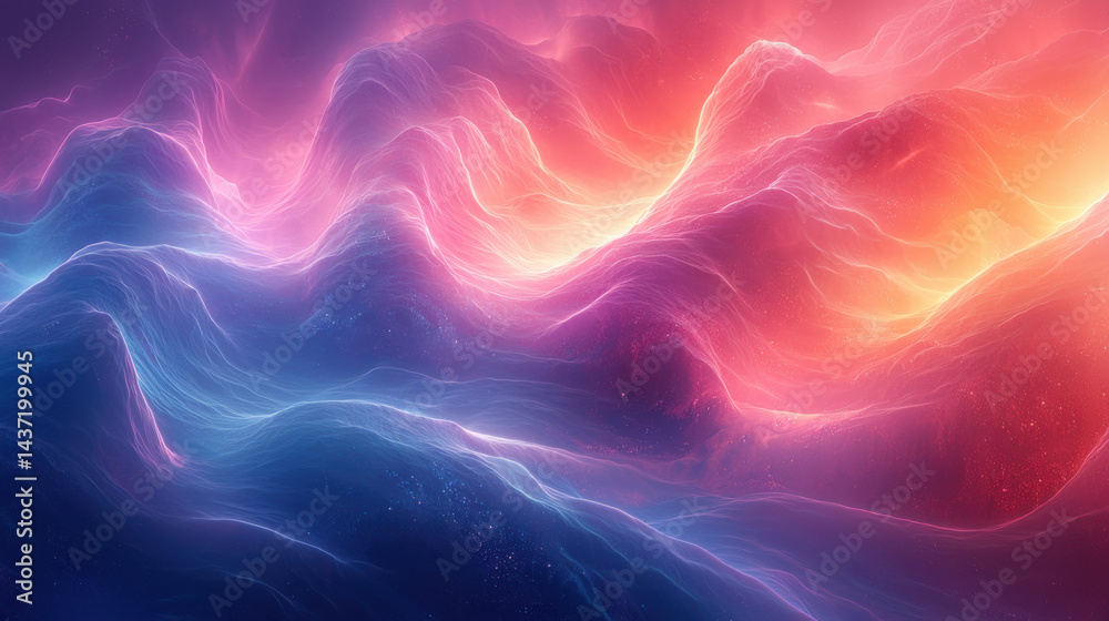 Fototapeta premium A vibrant, abstract canvas of swirling blues, mint greens, and soft pinks, pulsating with the energy of a digital glitch. Interlaced lines and distorted shapes create a futuristic, cyberpunk 