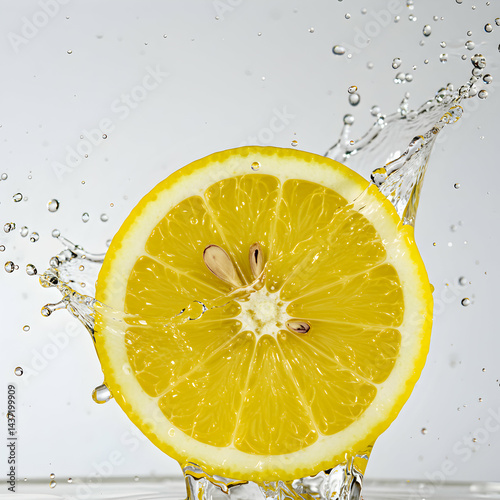 Close up shot of a lemon slice with water droplets splashing around it on a white background