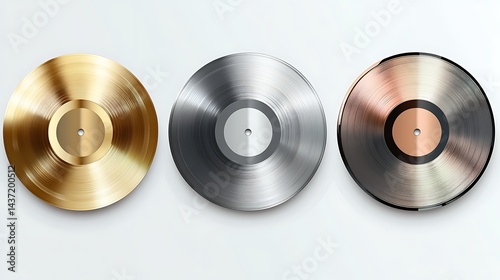 Realistic vinyl record designs featuring gold, silver, platinum, and rose gold metallic discs, representing music awards or chart-topping albums. Vector mockup set. Generative With Ai