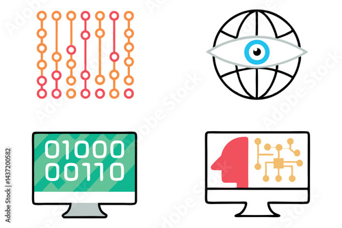 Abstract blue digital binary code network with matrix visualization of circuits and data flow, tech line art icon set
