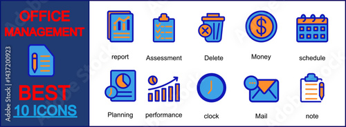 Office management best icon sheet collection with report,assessment,delete,money,schedule,planning,performance clock,mail and note.