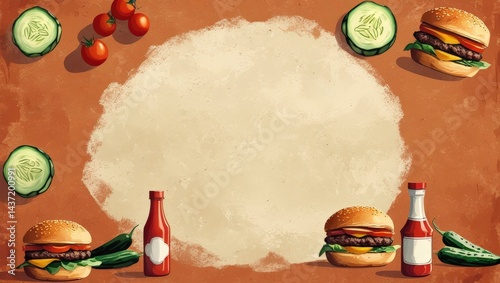 Vintage Burger Menu Background with Warm Tones and Illustrated Ingredients