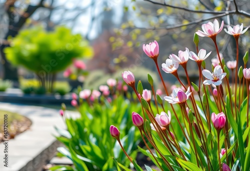 Early spring blossoms in Shenyang Botanical Garden, vibrant green shoots emerge, shadows, flowers