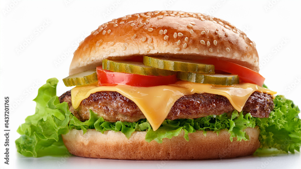 A close-up of a juicy hamburger with melted cheese and a fresh salad, isolated on white. A close-up of a juicy hamburger with melted cheese and a fresh salad, isolated on white.