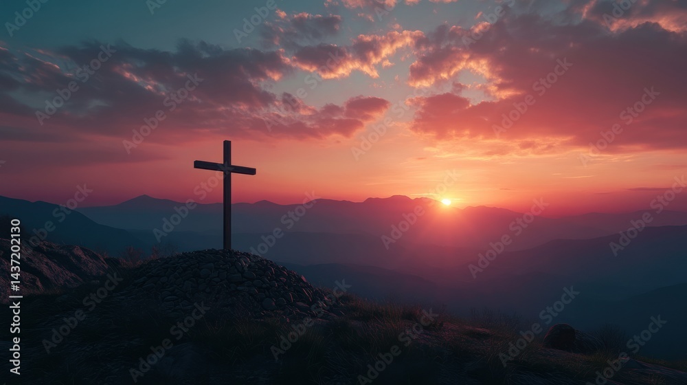 Cross silhouette on a hilltop set against a vibrant sunset horizon over mountains Cross silhouette on a hilltop set against a vibrant sunset horizon over mountains