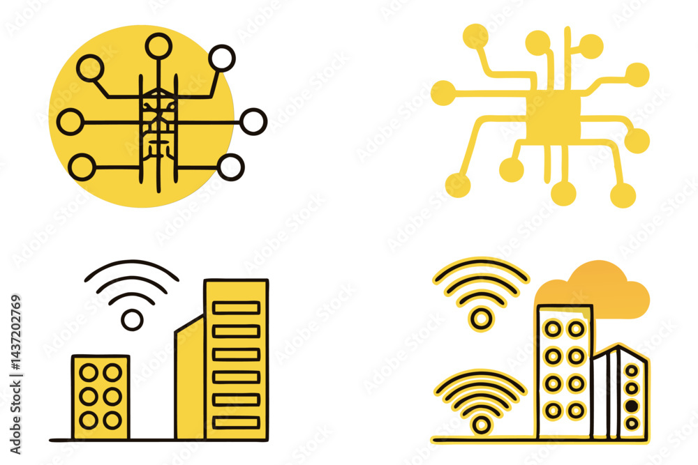 Fototapeta premium Abstract digital background of a futuristic world with high tech vertical light beams cutting through a city, evoking technological innovation and digital transformation, tech line art icon set