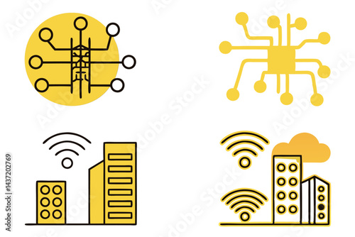 Abstract digital background of a futuristic world with high tech vertical light beams cutting through a city, evoking technological innovation and digital transformation, tech line art icon set
