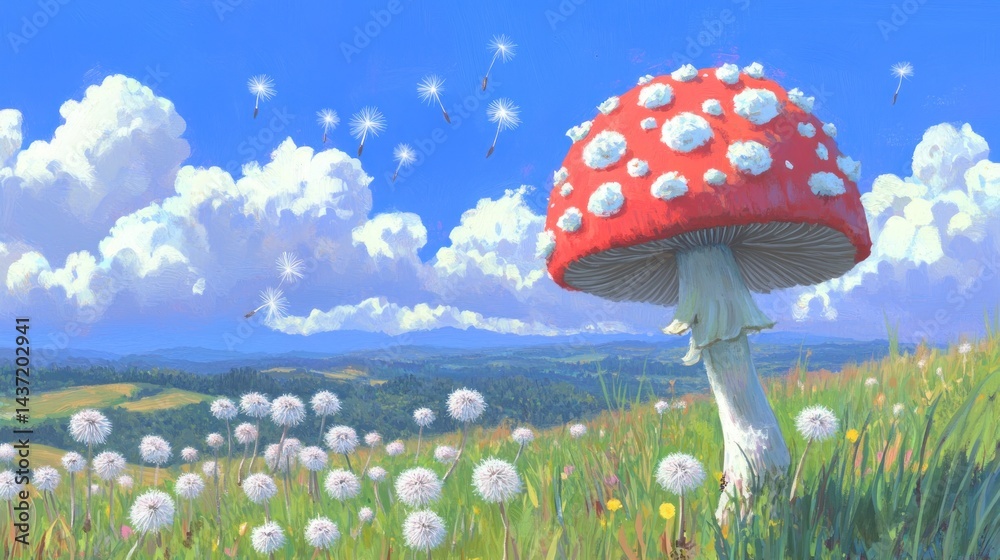 custom made wallpaper toronto digitalRed mushroom in a meadow with dandelions under a blue sky