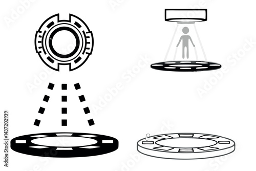 Abstract futuristic design with a person standing on a glowing blue circular platform, immersed in a holographic environment showcasing advanced technology, tech line art icon set