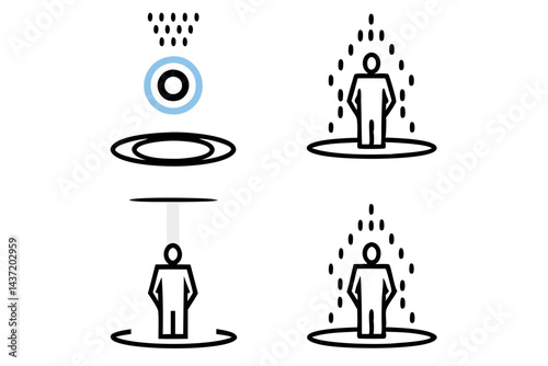 Futuristic technology concept with a glowing blue circular holographic platform showcasing a person in a glowing digital environment, 3D interface, tech line art icon set
