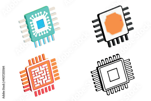 Glowing futuristic microchip design, showcasing advanced technology and digital circuits, symbolizing innovation and modern electronics, tech line art icon set