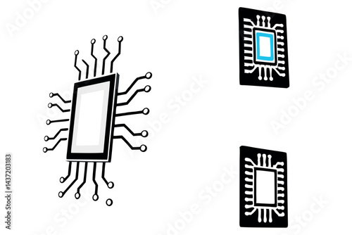 microchip with glowing features, reflecting cutting edge technology and digital advancements, representing the future of electronics, tech line art icon set