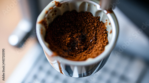A close-up of finely ground coffee being tamped in a portafilter, highlighting the rich texture and aroma of freshly ground coffee.