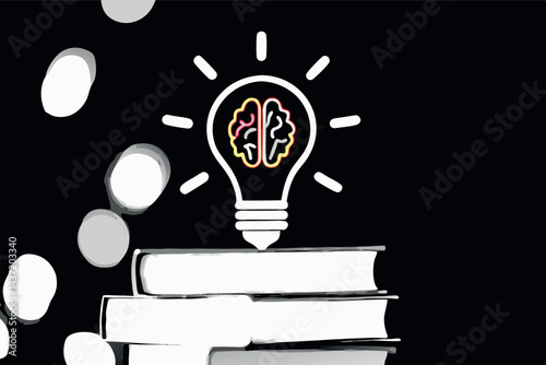 Bright lightbulb glowing with brain illustration, neon pink design on books, symbolizing the fusion of knowledge and innovative thinking tech line art icon set