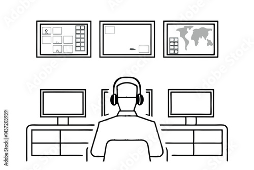 Cybersecurity operations with military personnel monitoring maps and global systems, military control room, security tech line art icon set
