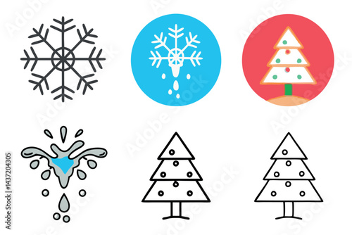 Water splash with christmas tree crystalline structure and snowflakes falling creating a festive winter wonderland, representing winter and celebration season, tech line art icon set