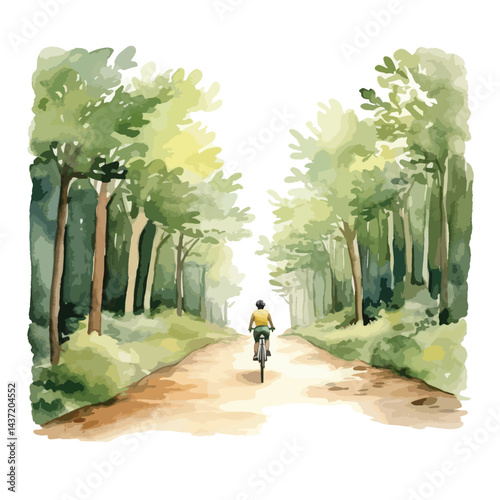 watercolor A person riding a bicycle through a forest