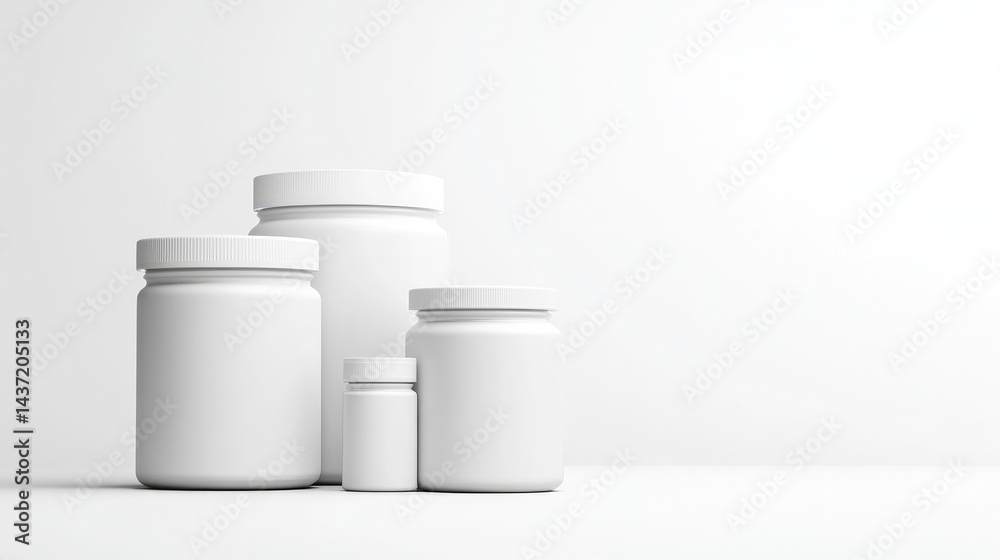 White Supplement Jars Small Bottle Minimalist Style Clean Studio Lighting Front View Blank Labels Product Display White Background Pure White Mood Packaging Design White Supplement Jars Small Bottle Minimalist Style Clean Studio Lighting Front View Blank Labels Product Display White Background Pure White Mood Packaging Design