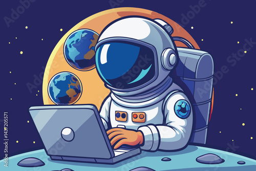 Astronaut in space suit using a laptop on the moons surface with Earth seen in the backdrop, combining space and modern technology
