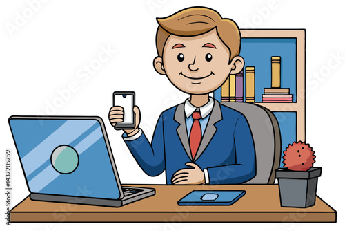 Corporate professional using a mobile phone for business tasks, with a laptop and office environment in the background