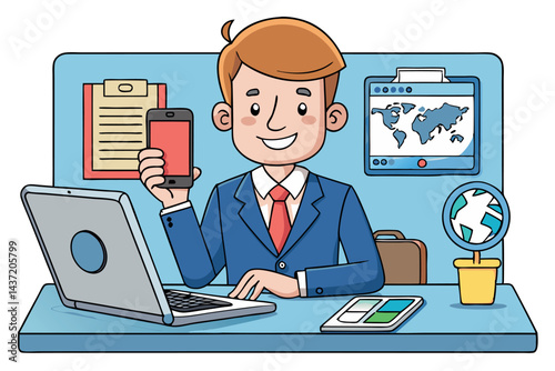 Businessman in a suit holding a smartphone, engaged in online communication, with a modern desk and digital tools