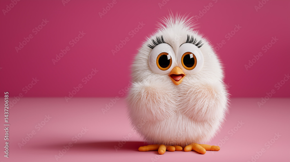 Cute chicken stands happily on a soft pink background Cute chicken stands happily on a soft pink background