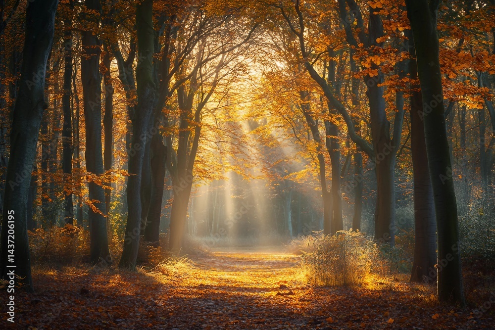 Fototapeta premium A forest with falling leaves during an early autumn morning. The sun shines brightly between the trees. The ground is covered in leaves and the leaves are colorful due to the time of the year.