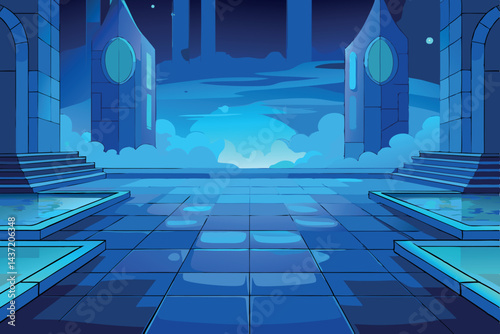 Futuristic portal in a misty blue fog, creating an eerie, atmospheric environment filled with mystery and intrigue
