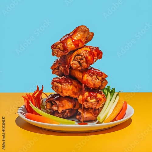 Stack of Chicken Wings with Tangy Sauce, Carrot Sticks, and Ranch Dip, Plated Neatly on Sky Blue Solid Background with Clean Composition