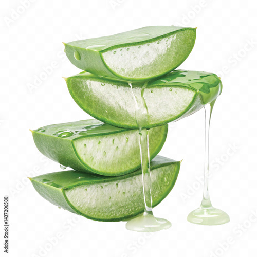realistic green Aloe vera gel dripping from sliced pieces isolated on transparent background