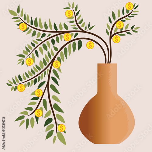 An illustration of a money tree growing in a brown vase, with branches full of green leaves and golden coins symbolizing financial prosperity and investment growth.