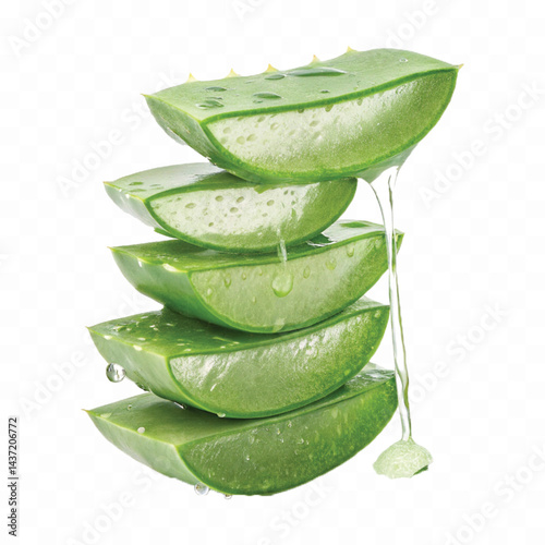 realistic green Aloe vera gel dripping from sliced pieces isolated on transparent background