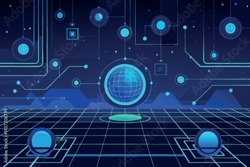 A dark blue digital background featuring glowing circuits, geometric patterns, and futuristic elements, perfect for high tech, innovation projects Tech Background