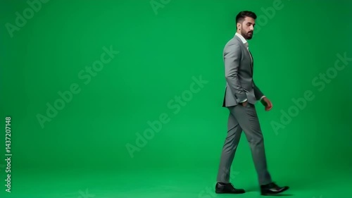 Confident Businessman Walking on Green Screen