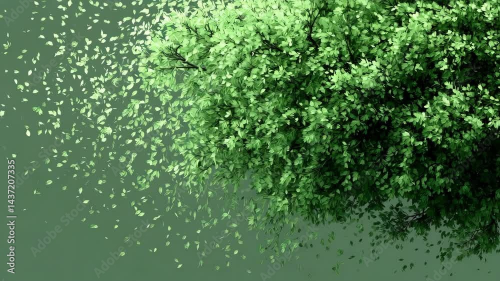 Green leaves floating in the air with green leaves flying away and ...