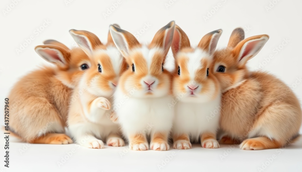 Obraz premium Five fluffy bunnies huddle together on a pure white background, eyes, whiskers