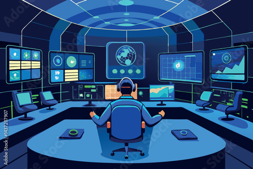 High tech futuristic control room with advanced monitoring systems for cybersecurity, data analysis, and global security Tech Background